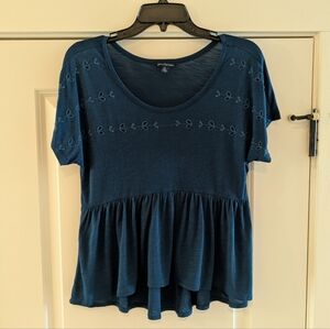 American Eagle Blue Short Sleeve Eyelet Ruffle Waist Top Shirt Boho, Size S
